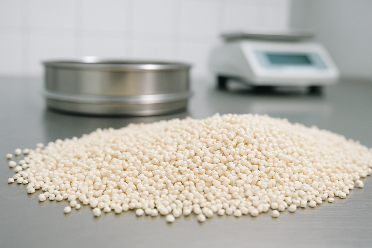 Close-up of uniform granules prepared for tablet compression in a pharmaceutical lab.