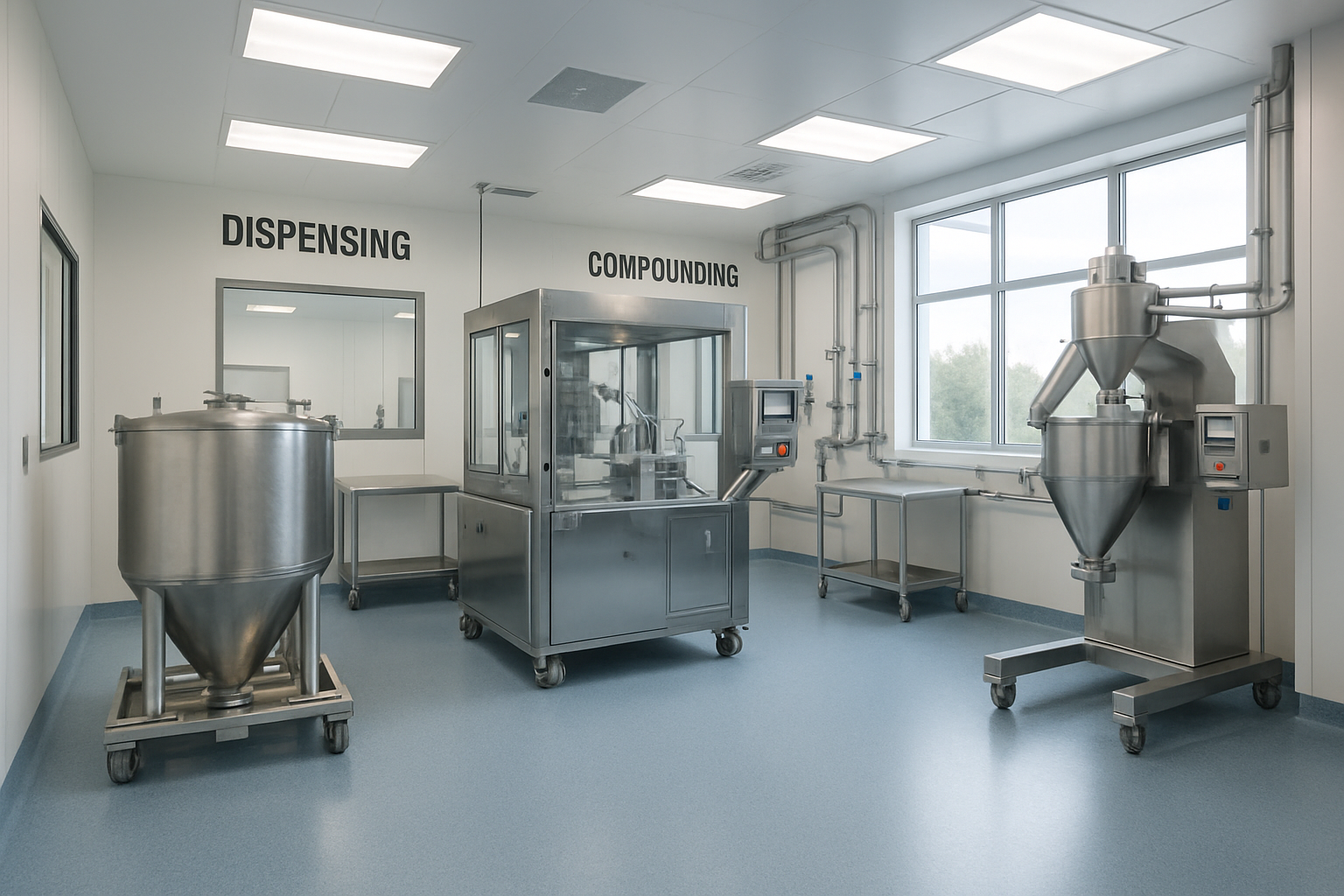 Cleanroom layout in a pharmaceutical facility with unidirectional flow and designated areas.