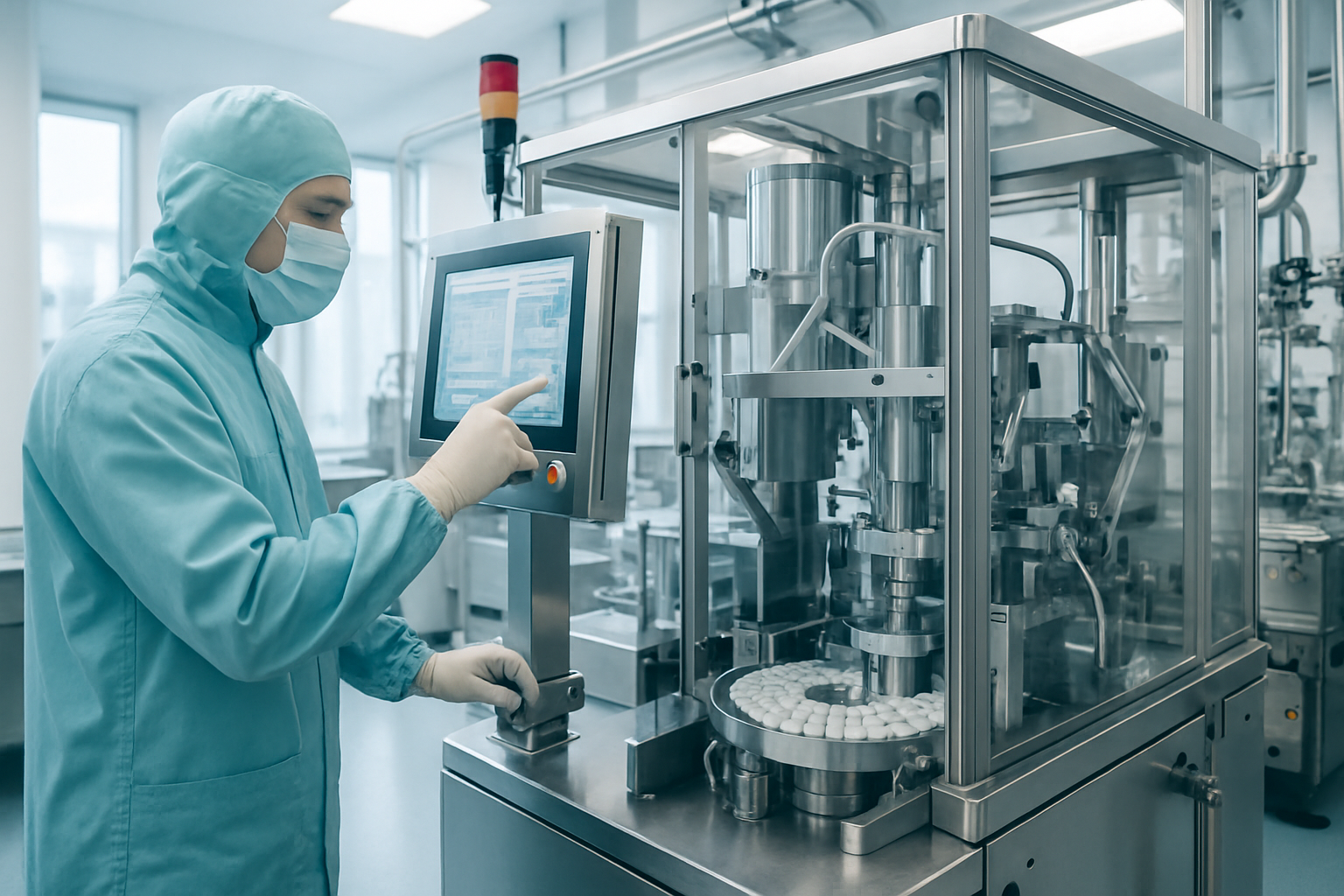 Technician using automated equipment in a pharmaceutical cleanroom for quality management.