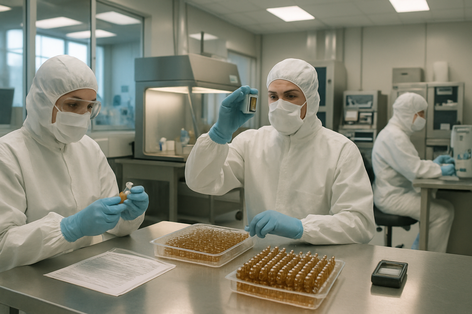 Technicians in a cleanroom performing quality control tests on pharmaceutical products.