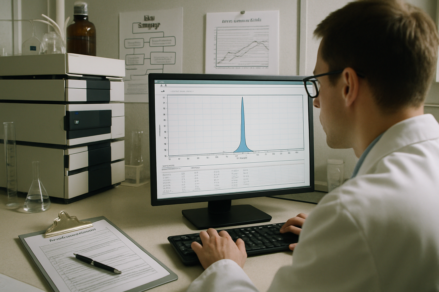 A researcher analyzing data in a pharmaceutical laboratory, emphasizing data integrity.