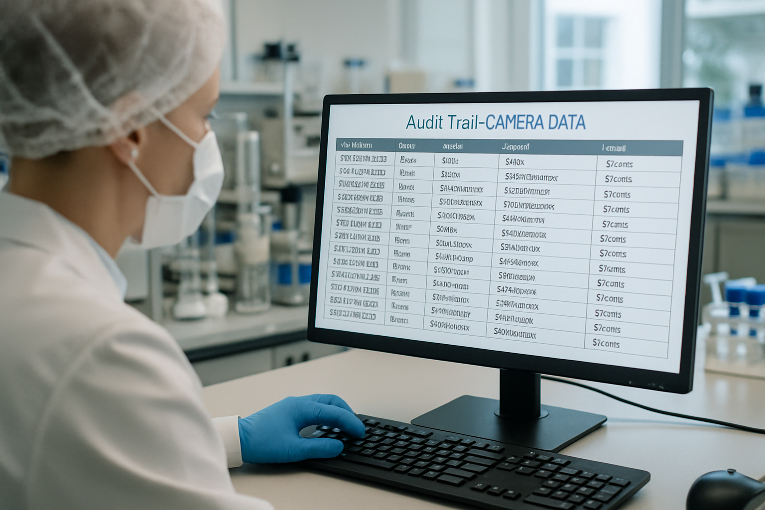Laboratory technician analyzing electronic data with audit trail in a pharmaceutical lab.