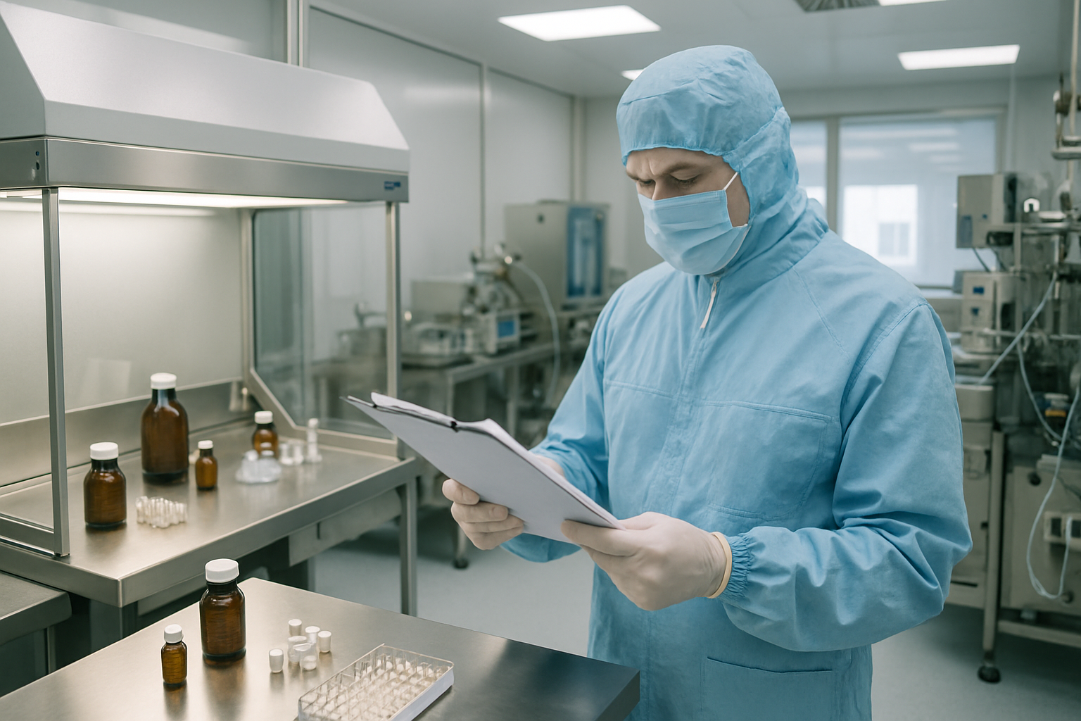 Pharmaceutical auditor inspecting a cleanroom facility with high-tech equipment and documentation.