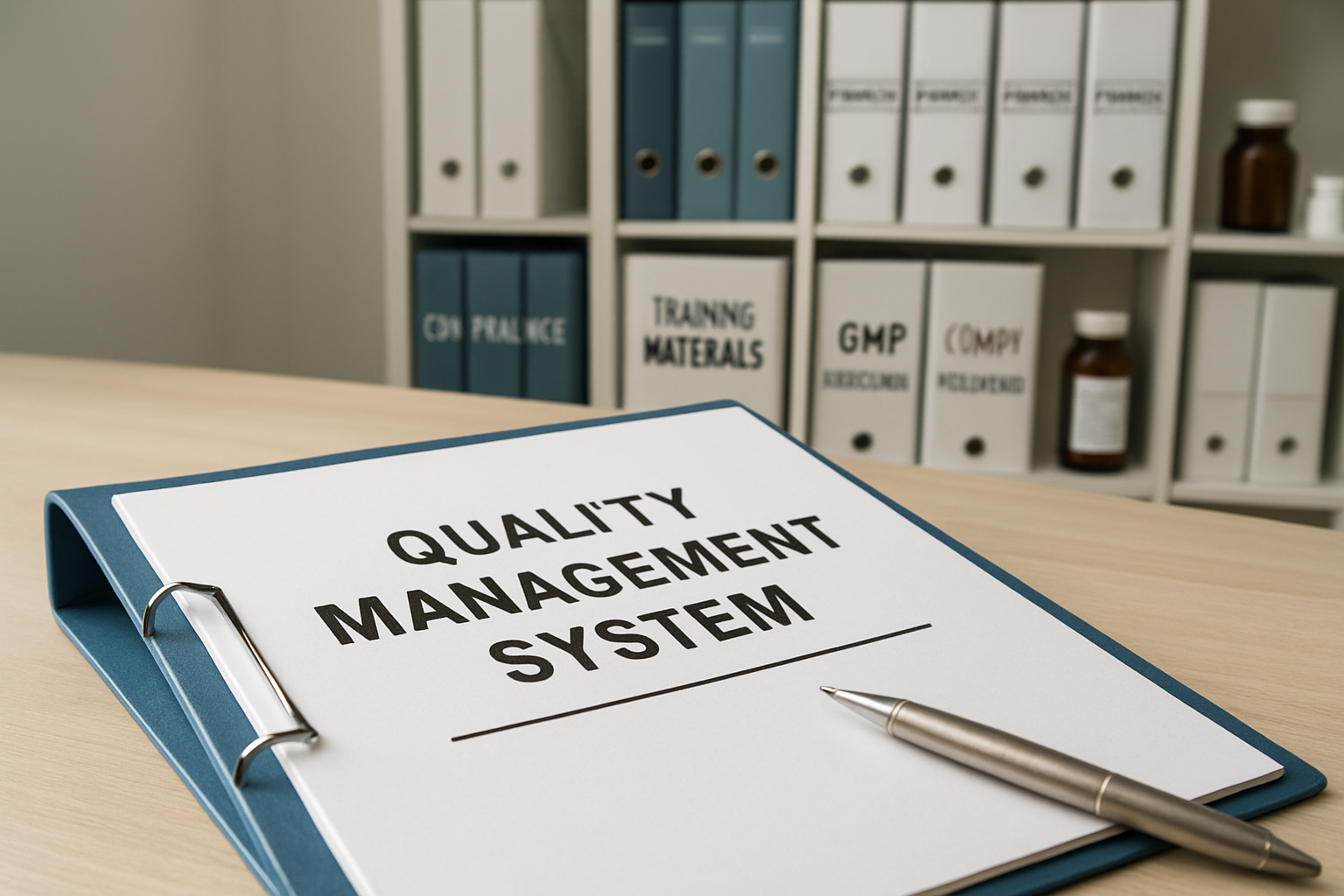 Quality management system documents and compliance manuals in a pharmaceutical office setting.
