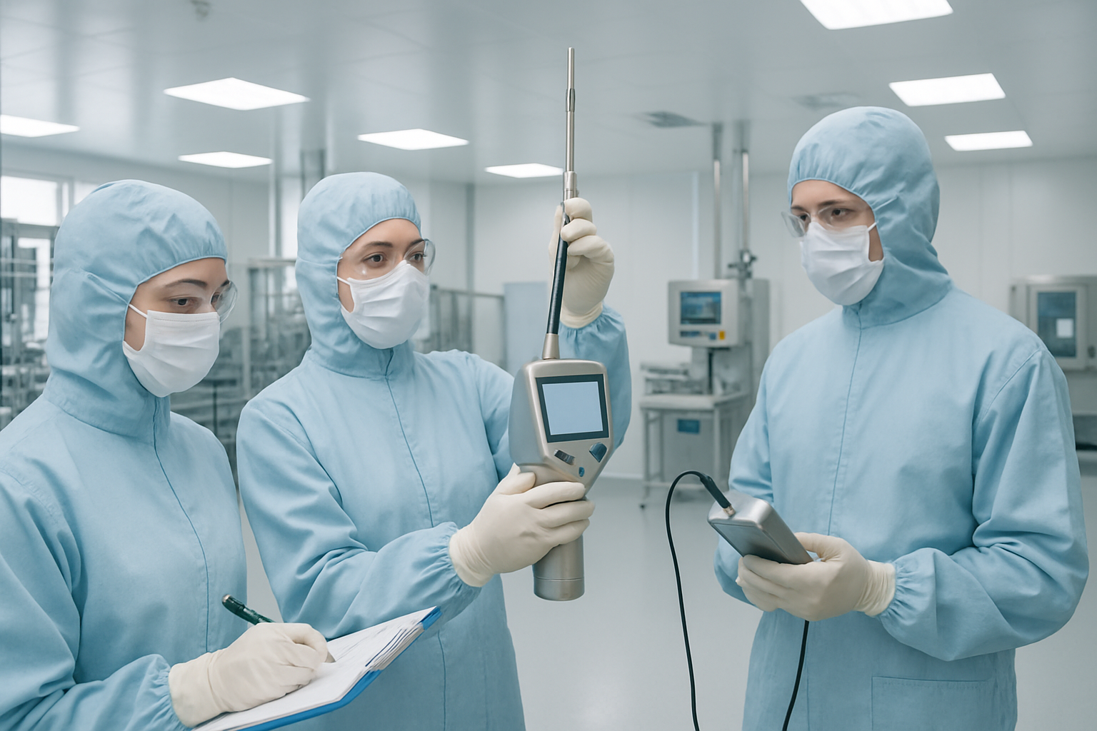 Technicians monitoring environmental conditions in a pharmaceutical cleanroom.