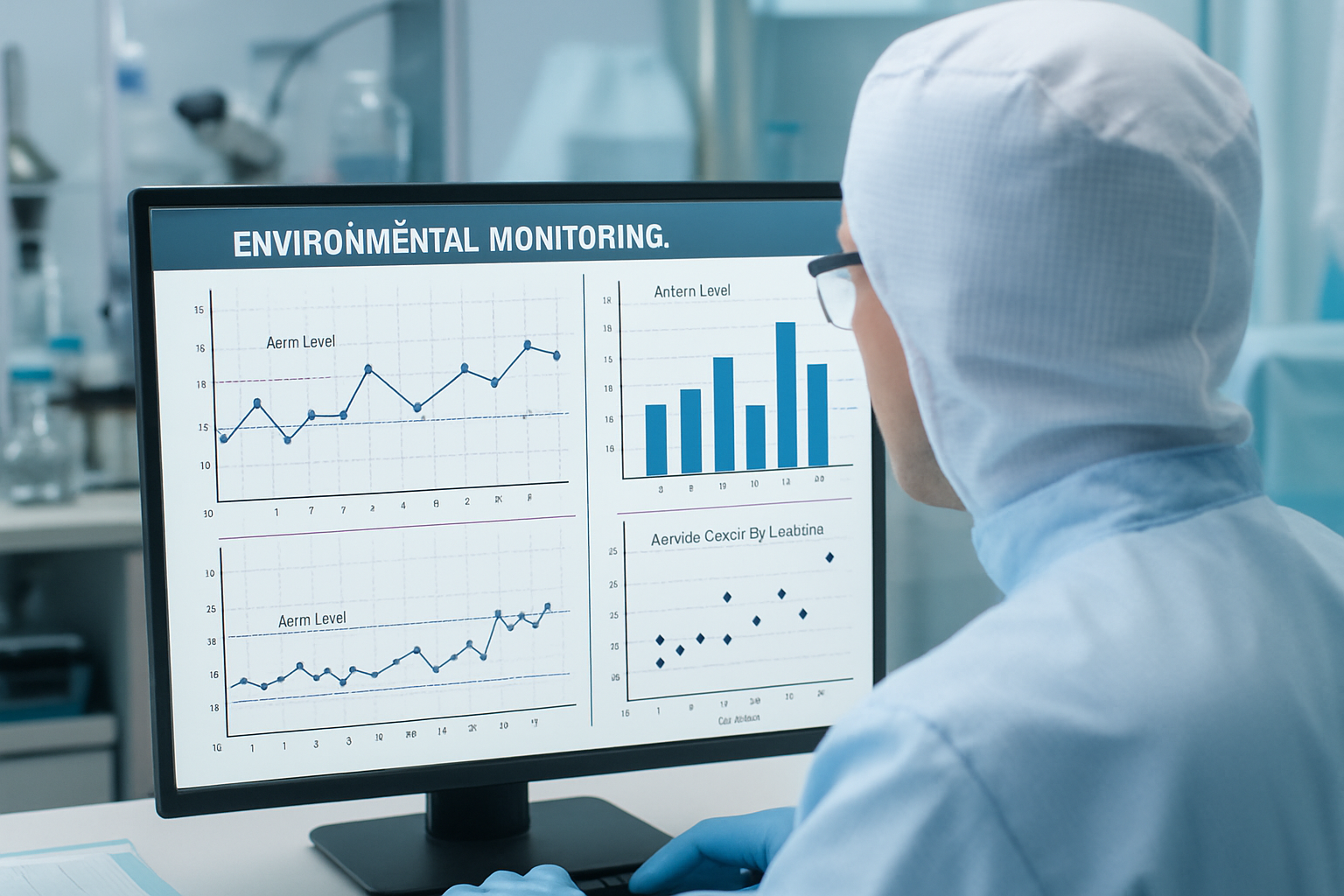 Laboratory technician analyzing environmental monitoring data for alert levels.