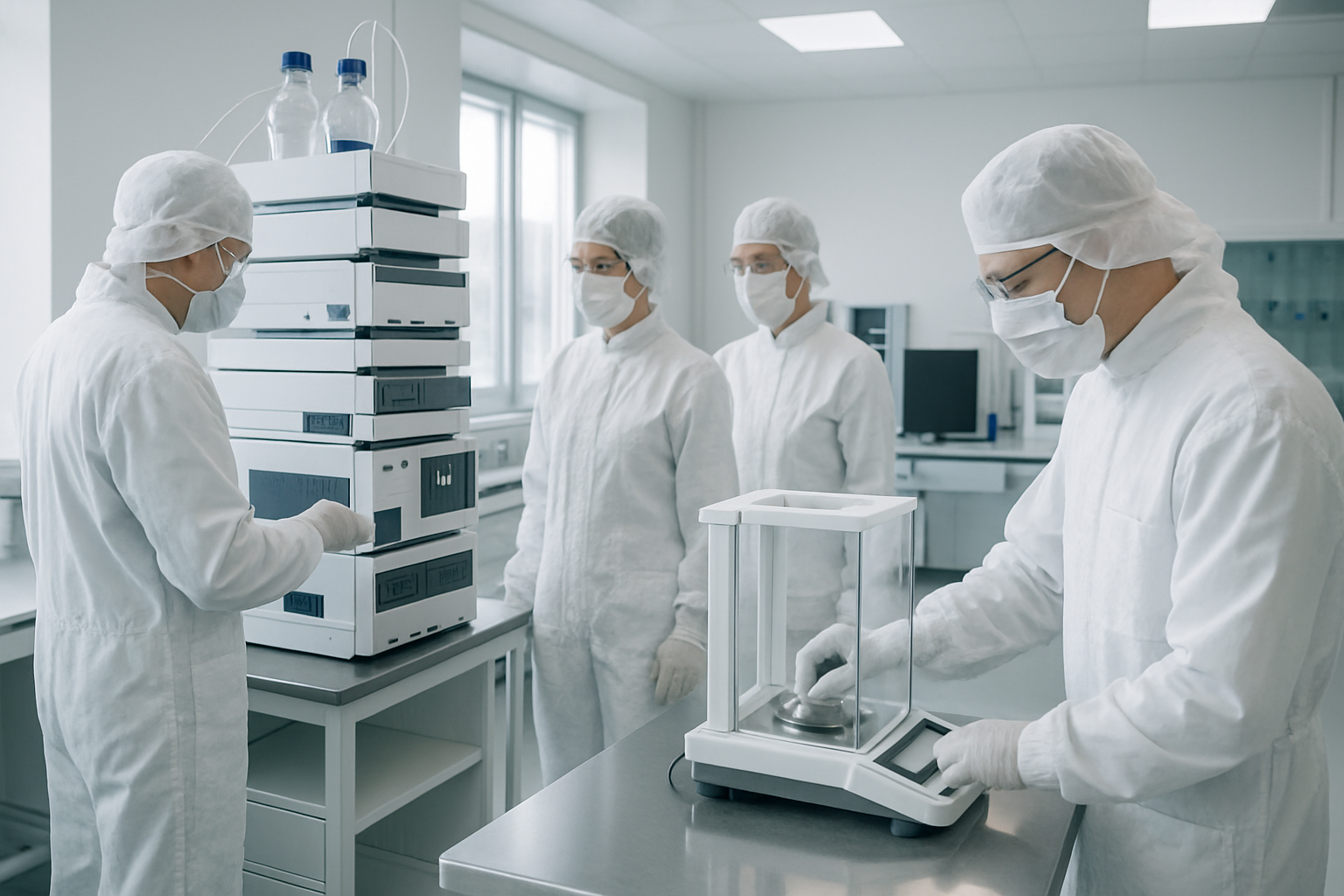 Cleanroom laboratory setup for analytical method transfer with HPLC machines and analytical balances.