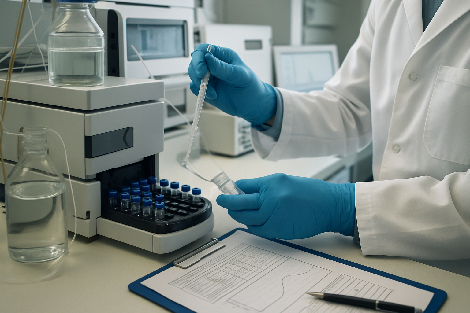 Scientist conducting sample testing in a pharmaceutical lab for analytical method transfer.