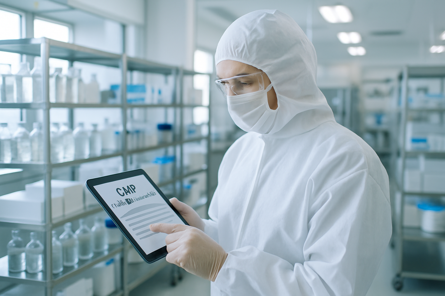 Quality assurance professional reviewing GMP documents in a cleanroom.