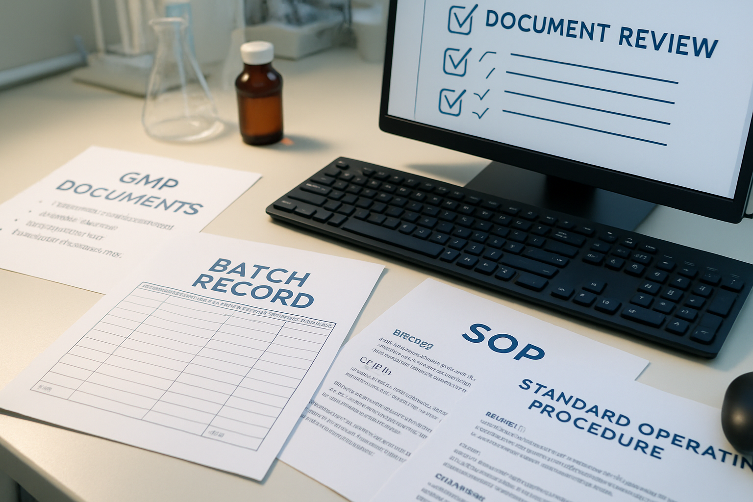 Close-up of GMP documents and review checklist in a laboratory.