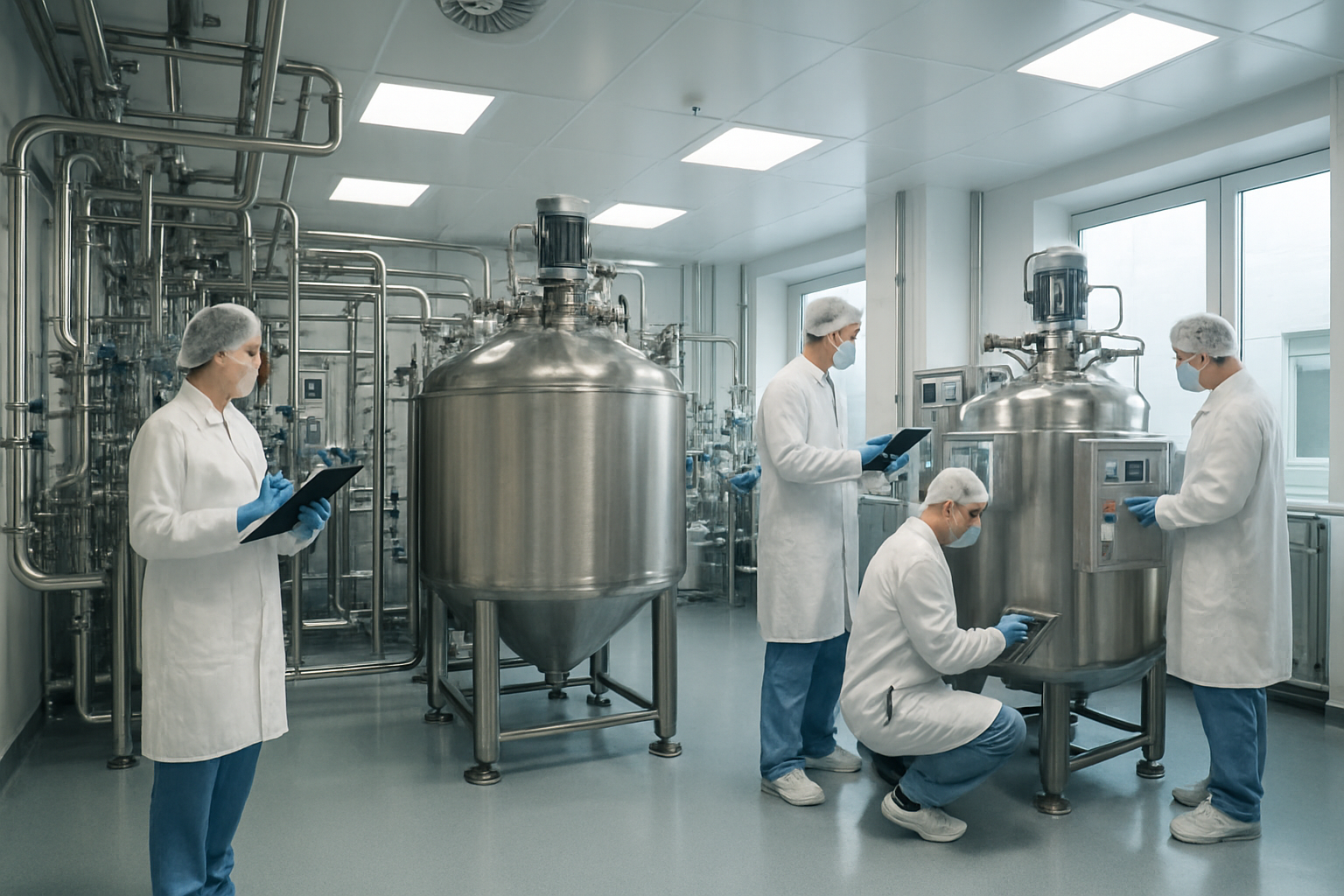 Pharmaceutical cleanroom with technicians validating processes and equipment.