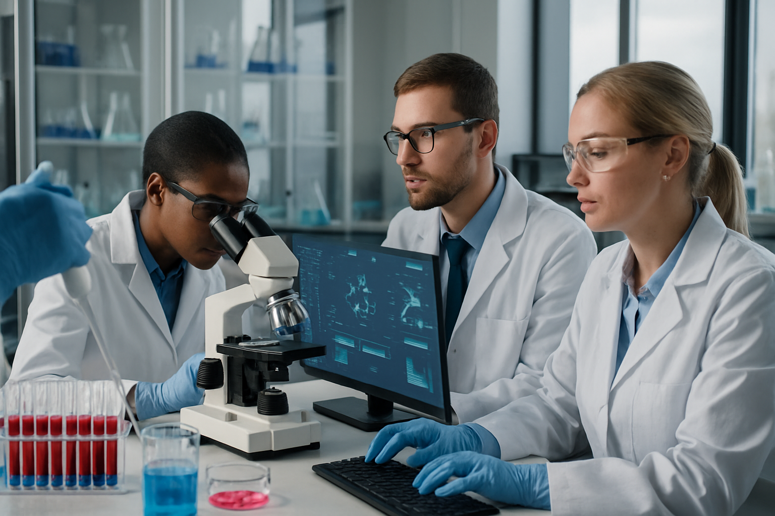 Laboratory scene of scientists conducting preclinical drug research with lab equipment.