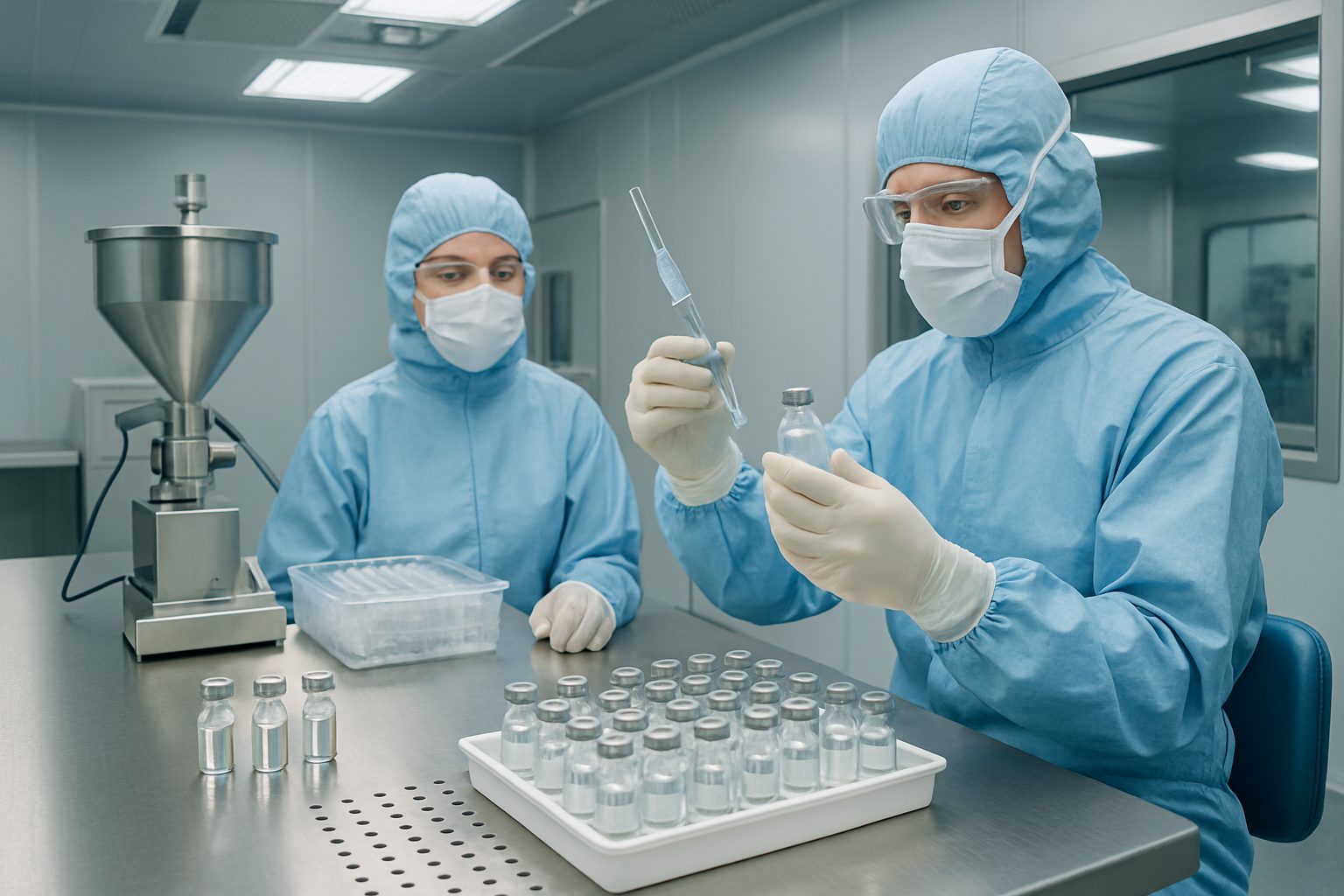 Cleanroom environment for preparing pharmaceuticals for clinical trials with sterile equipment.
