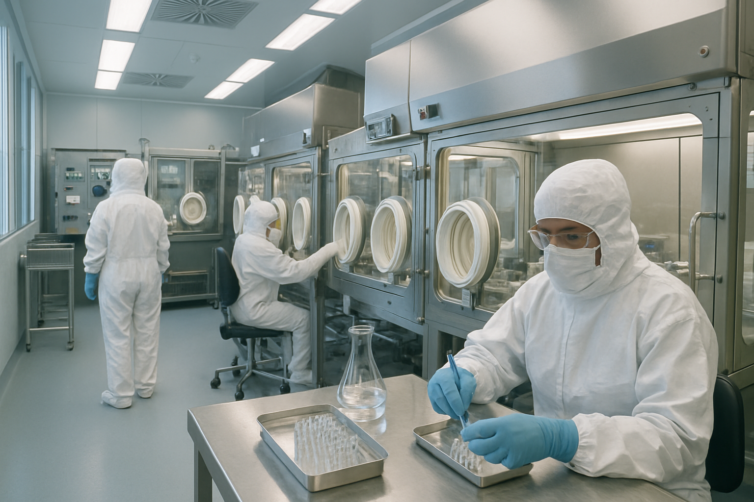 Technicians in a cleanroom performing aseptic processing in sterile pharmaceutical production.
