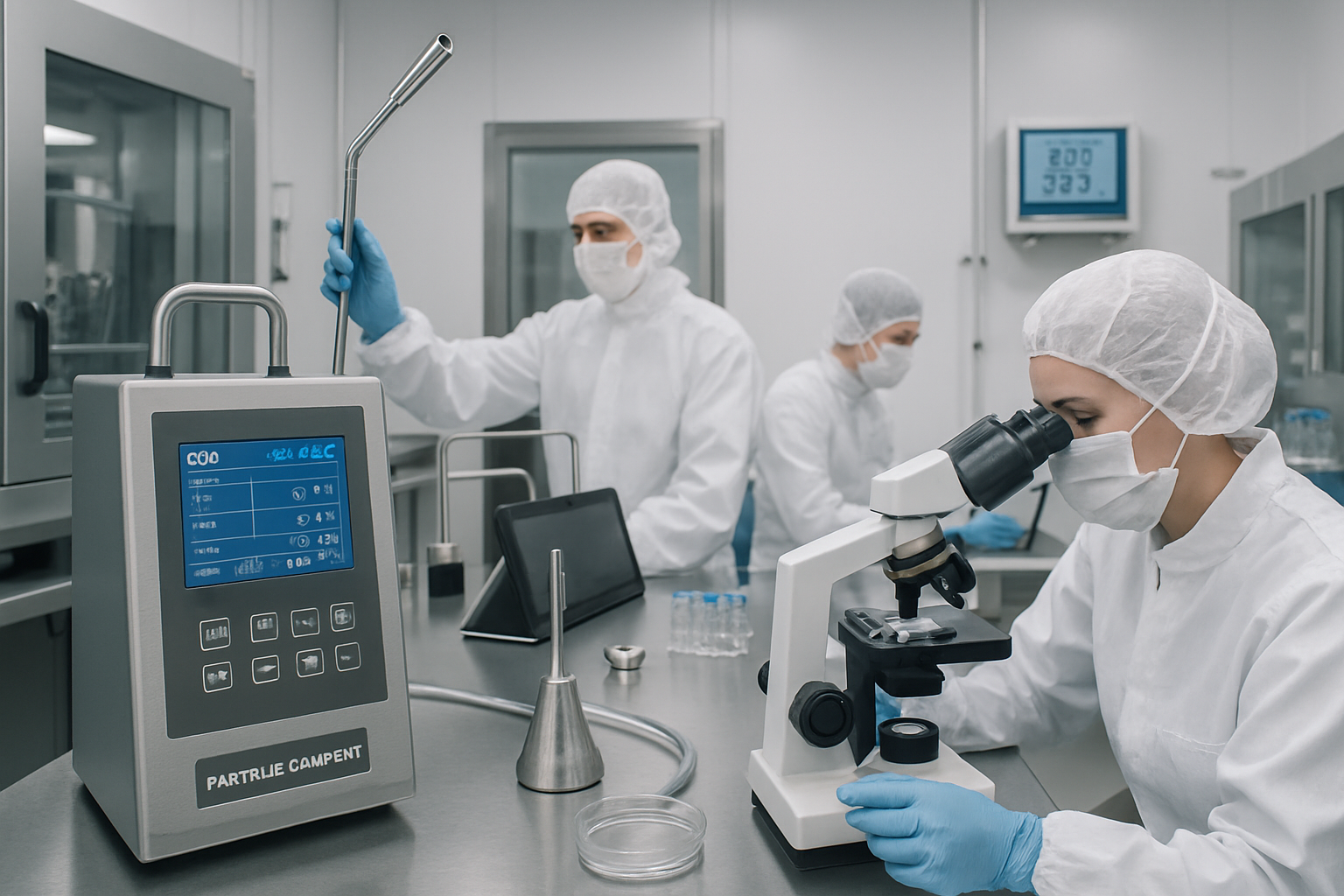 Quality control technicians analyzing samples for particulate matter in a pharmaceutical lab.