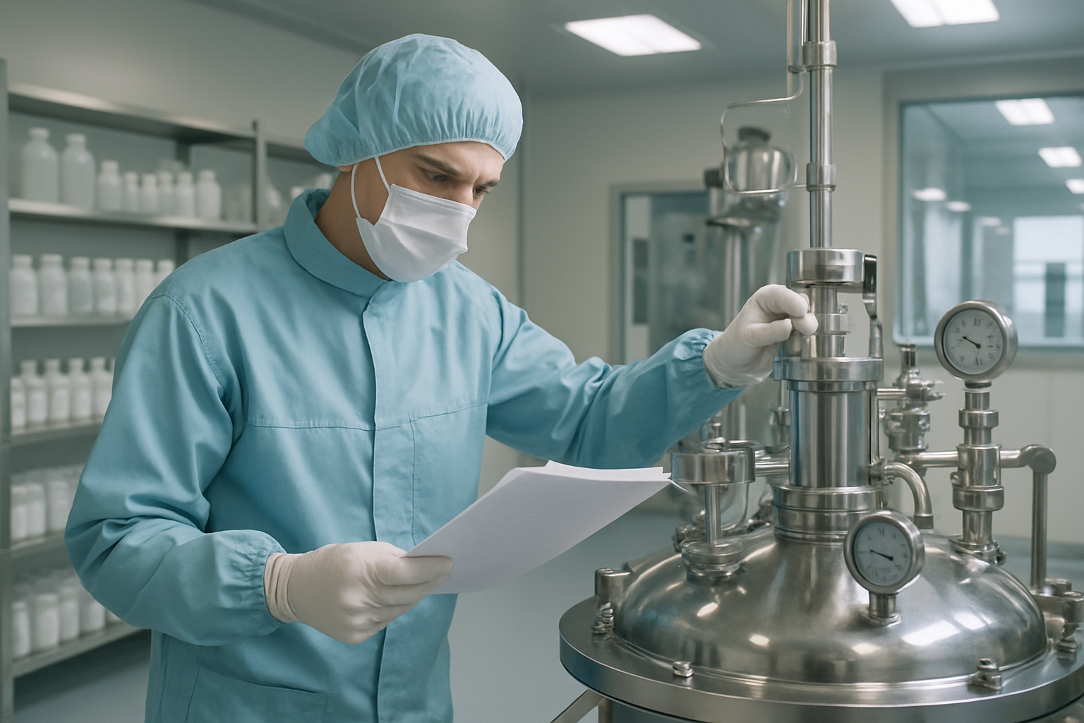 Quality control technician inspecting documents in a pharmaceutical cleanroom.