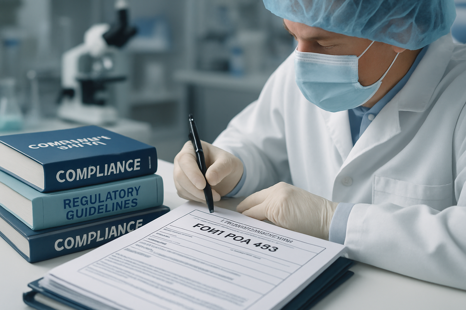 Compliance officer reviewing Form FDA 483 in a pharmaceutical lab.