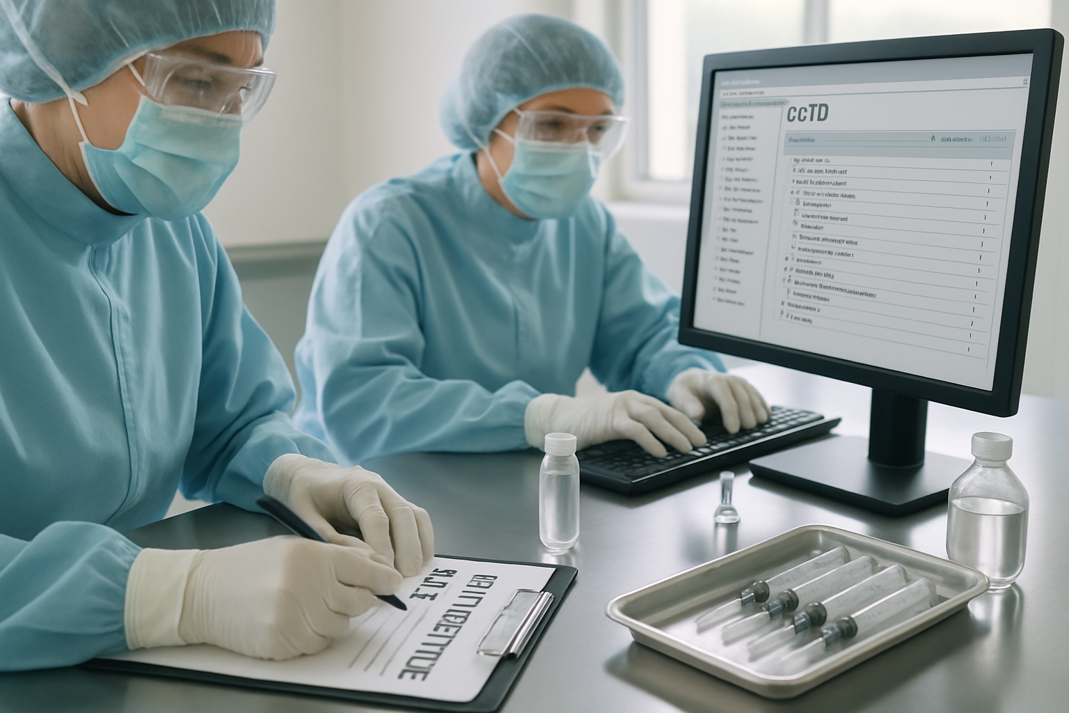 Cleanroom setup for preparing Drug Master Files with sterile equipment and eCTD software.