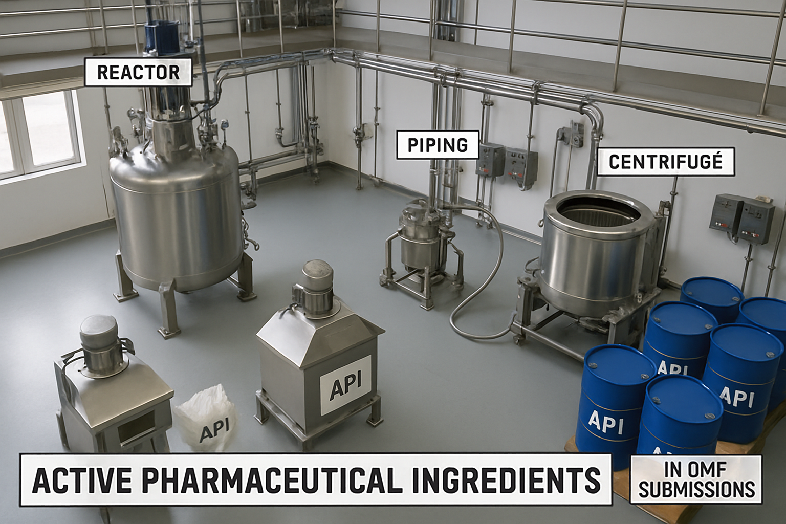 Pharmaceutical manufacturing facility with production lines for active pharmaceutical ingredients.
