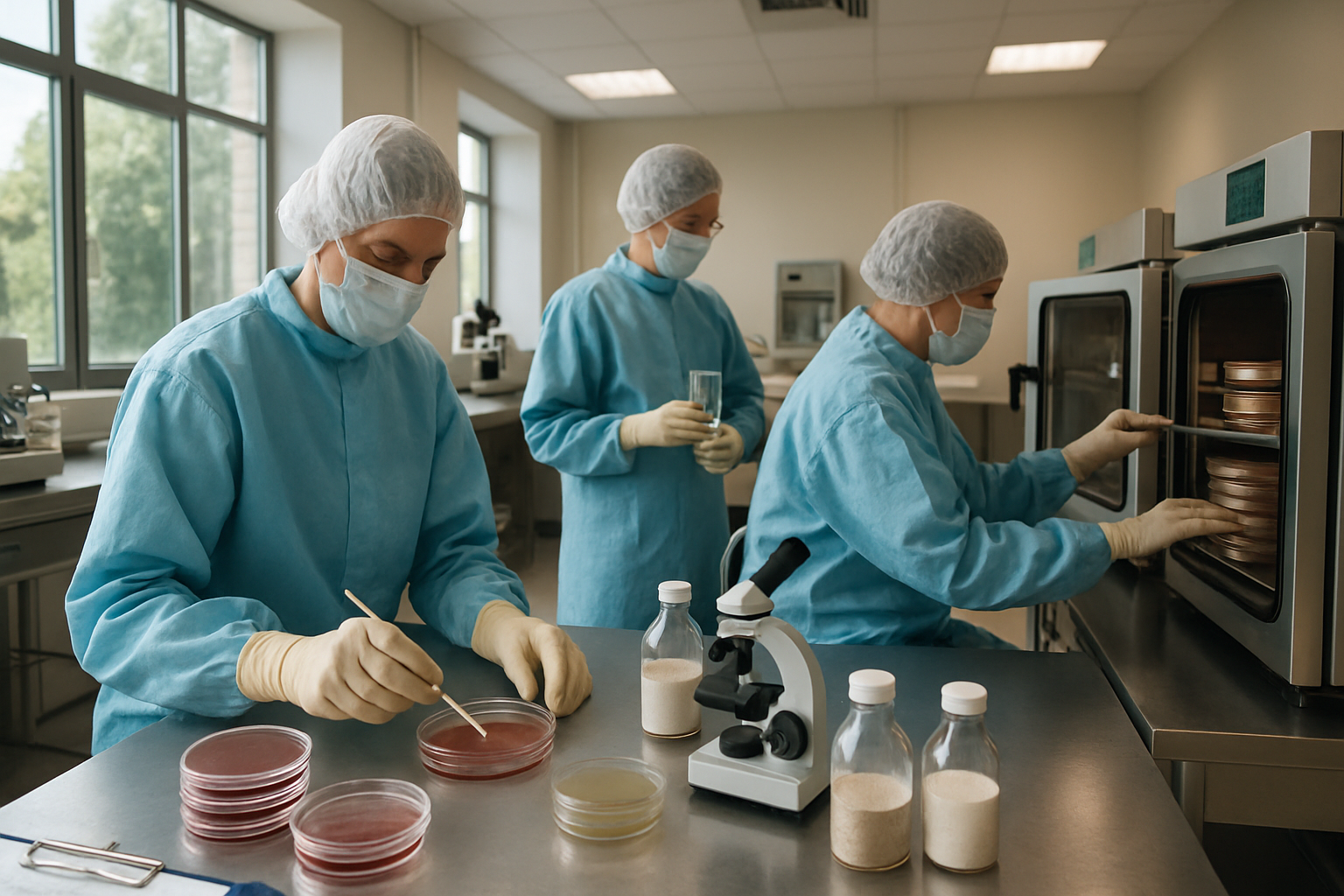 Non-sterile pharmaceutical manufacturing facility with workers conducting microbial testing.