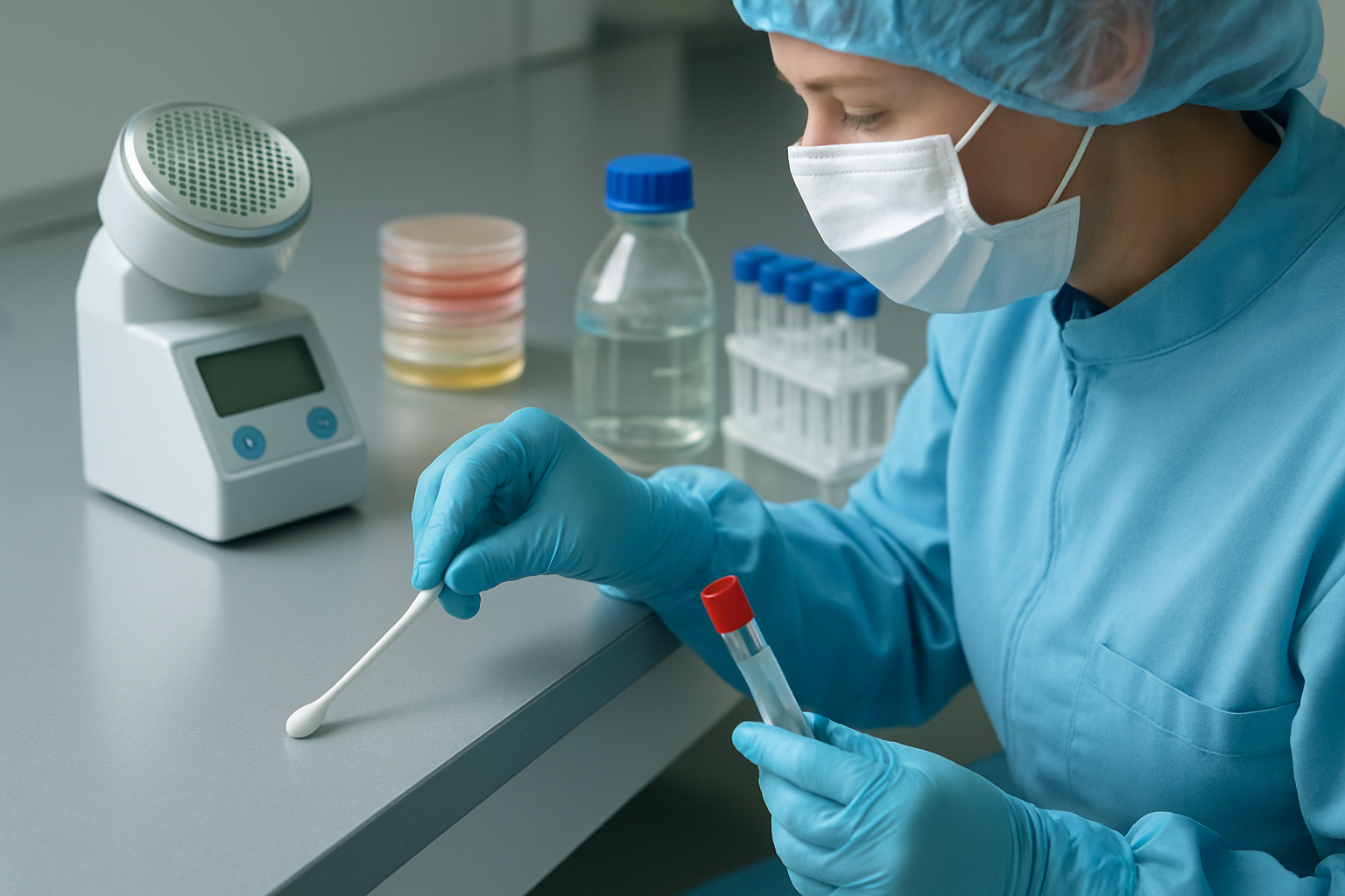 Laboratory technician conducting environmental monitoring in a pharmaceutical facility.