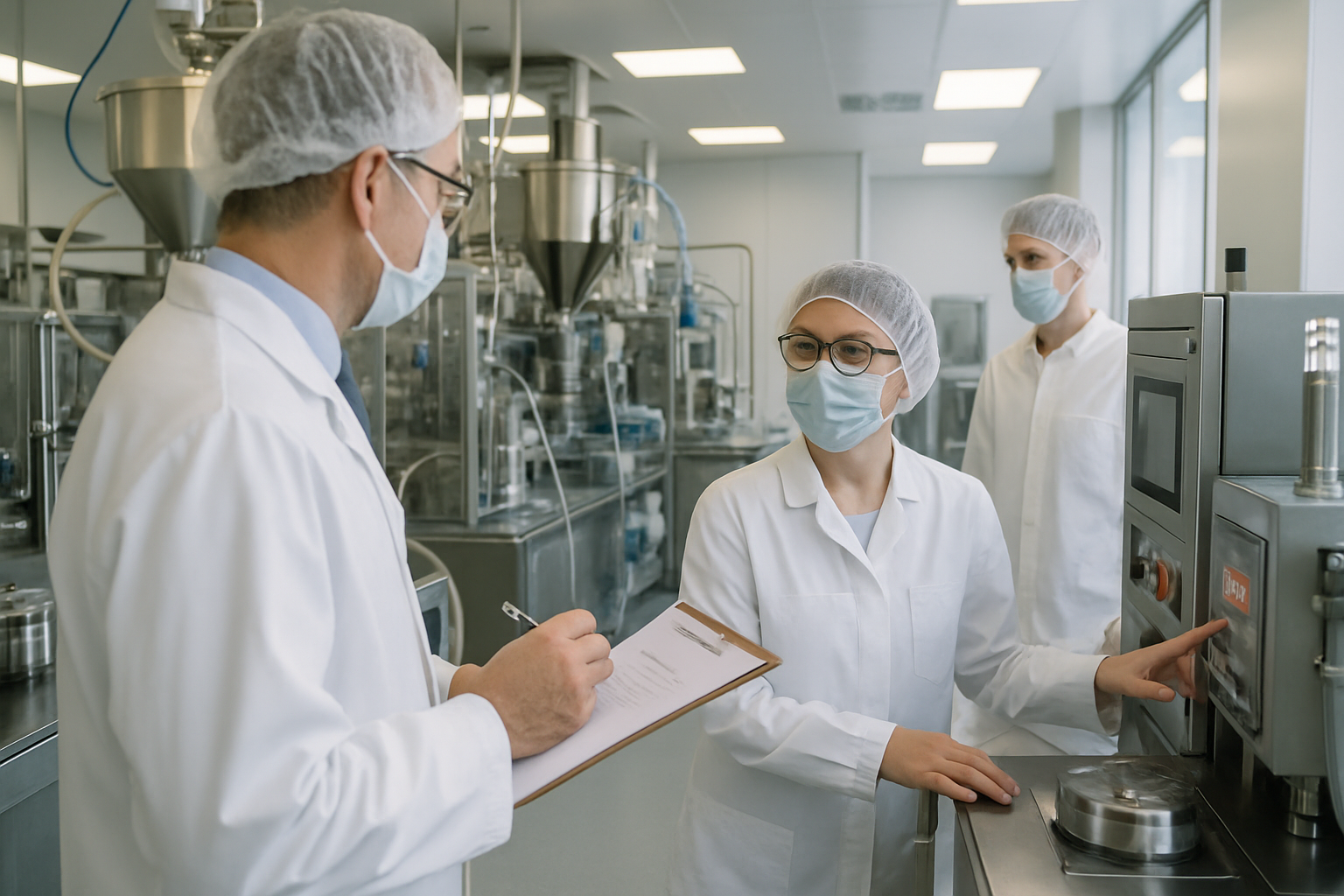 Manager conducting a Gemba Walk on a pharmaceutical manufacturing floor, engaging with staff and observing processes.