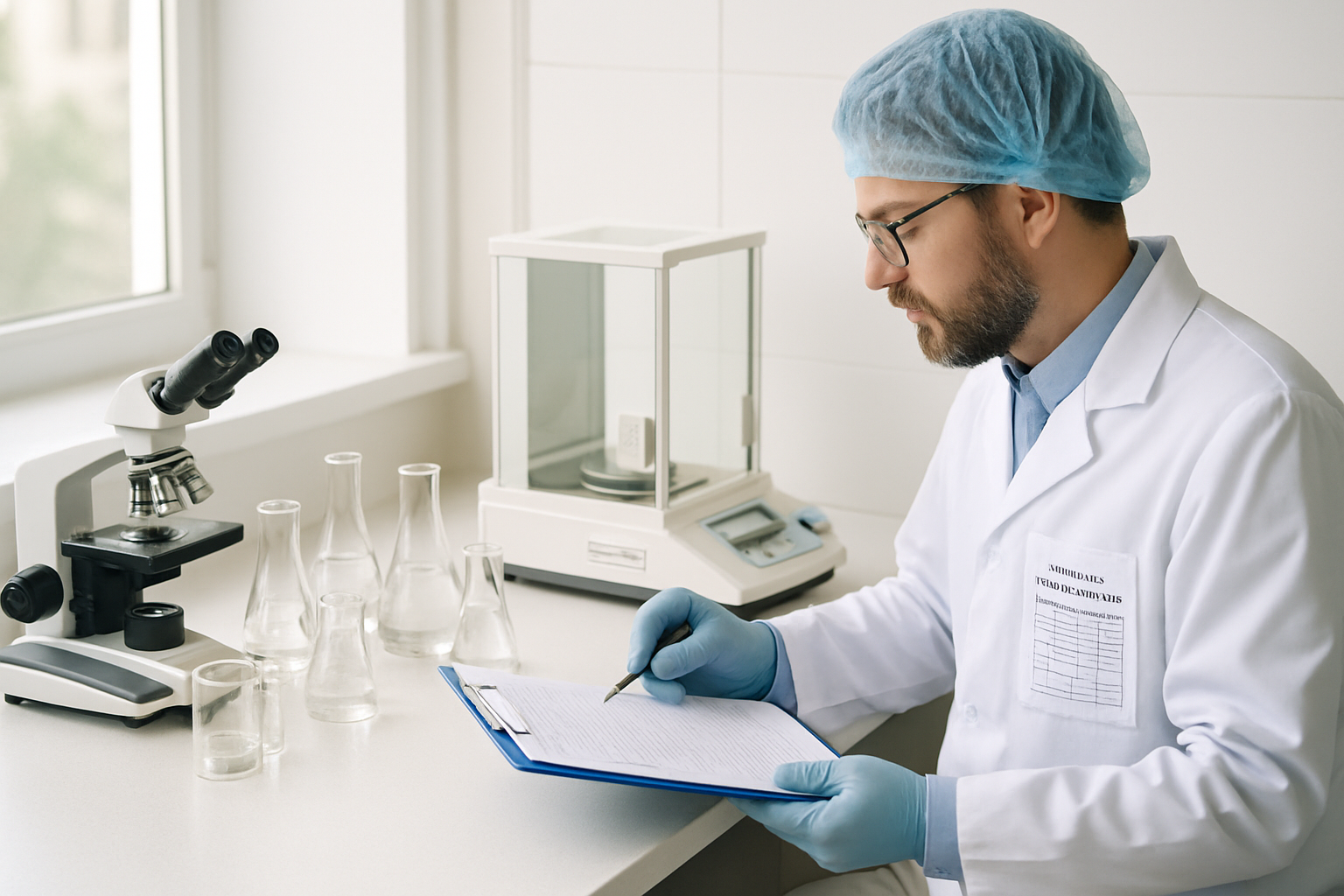 Quality control supervisor reviewing documentation and equipment during a Gemba Walk in a pharmaceutical lab.