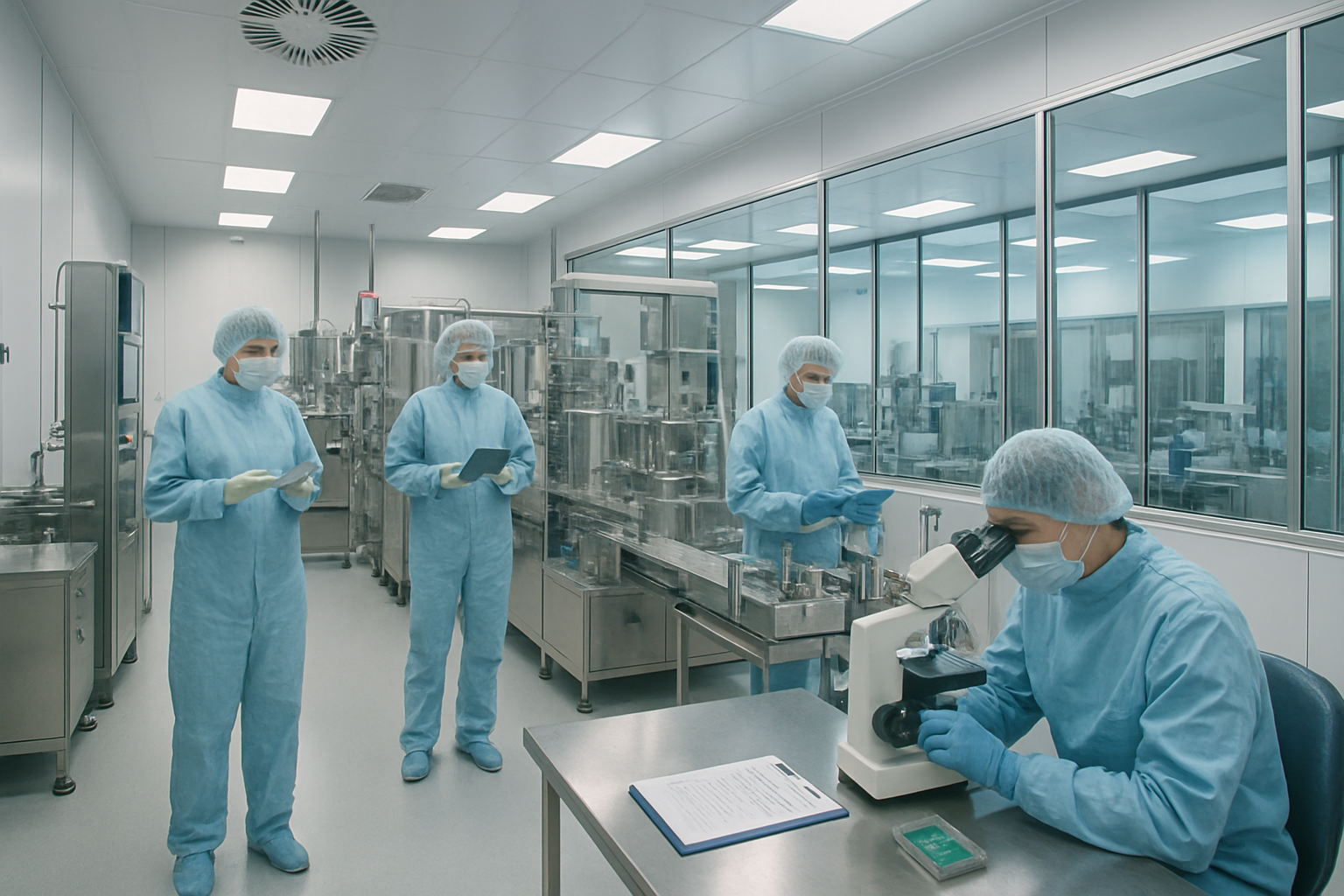 Cleanroom in a foreign pharmaceutical facility with workers conducting quality control tests.