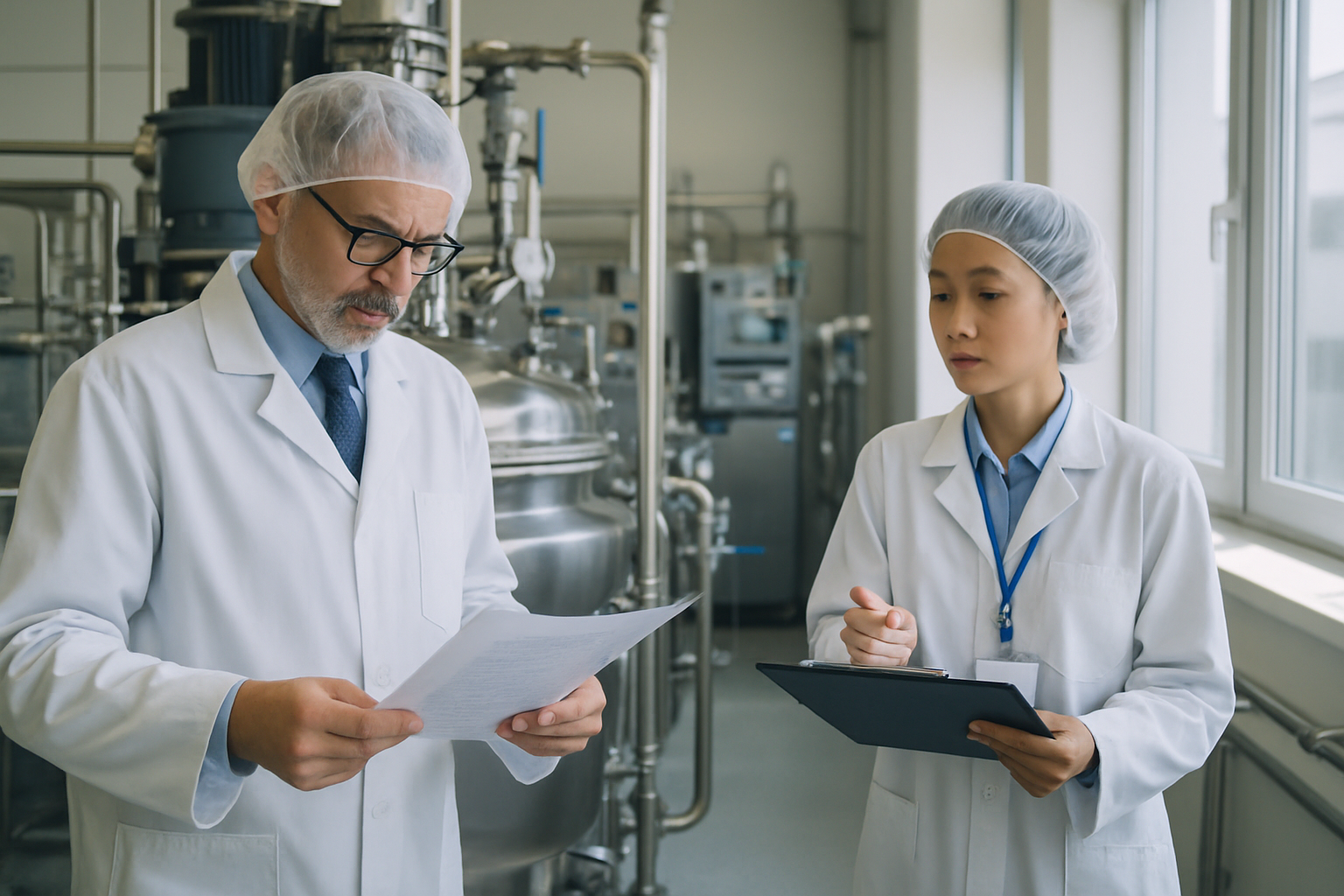 Inspectors reviewing compliance documentation at a pharmaceutical manufacturing site.