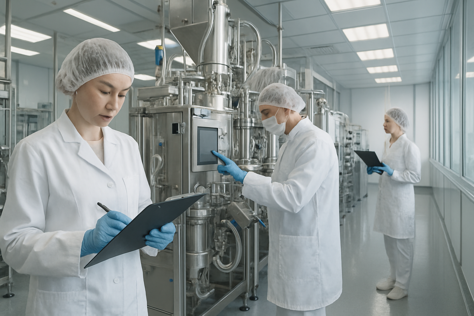 Cleanroom in a pharmaceutical facility with technicians performing quality control checks.