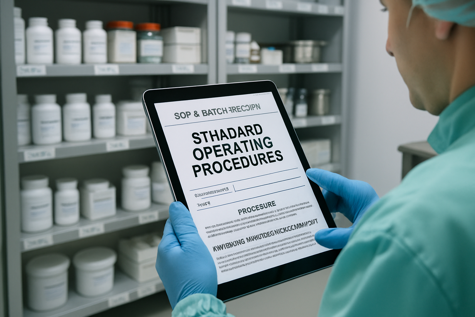 Technician reviewing SOPs and batch records on a tablet in a pharmaceutical lab.