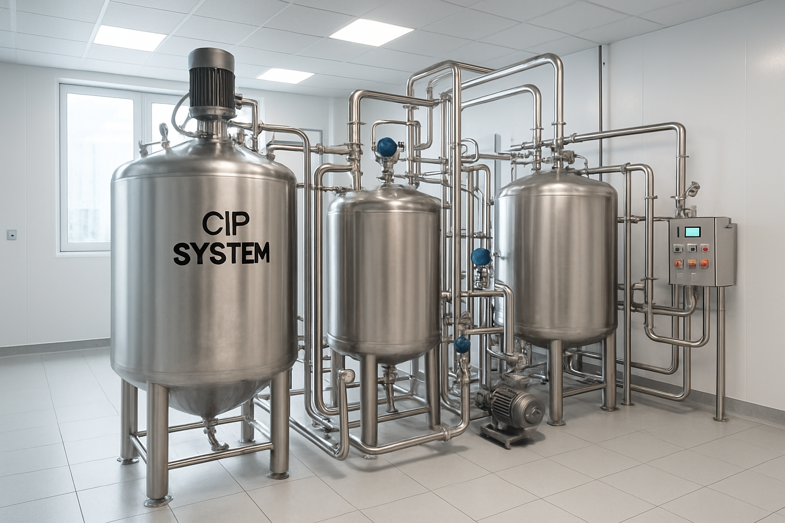 Automated Clean-in-Place system in a pharmaceutical cleanroom for effective cleaning processes.