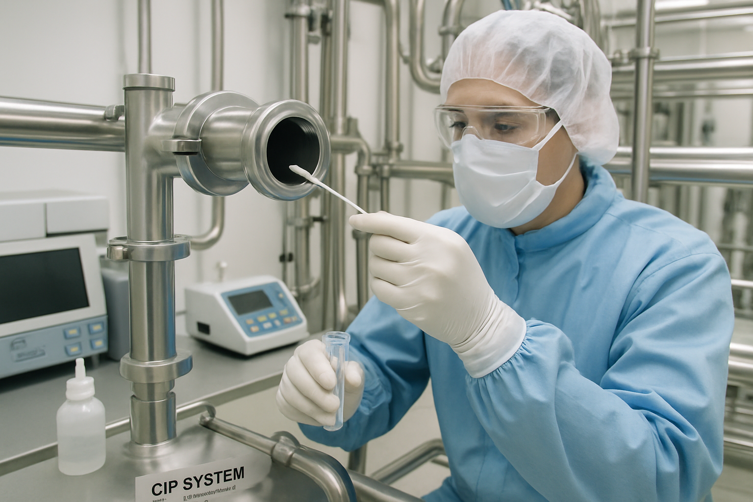 Laboratory technician performing sampling techniques for cleaning validation in pharmaceuticals.