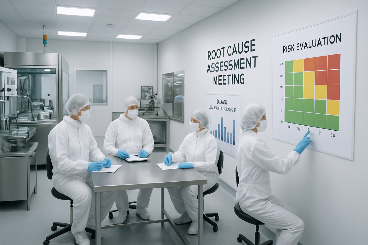 Pharmaceutical cleanroom team conducting a root cause assessment for CAPA documentation.