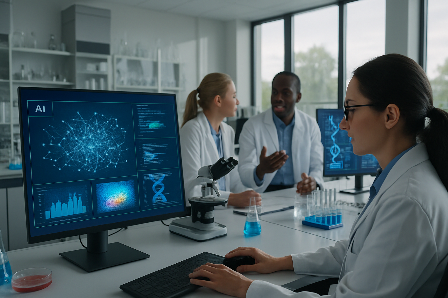 Researchers using AI software in a modern pharmaceutical lab to analyze biological data.
