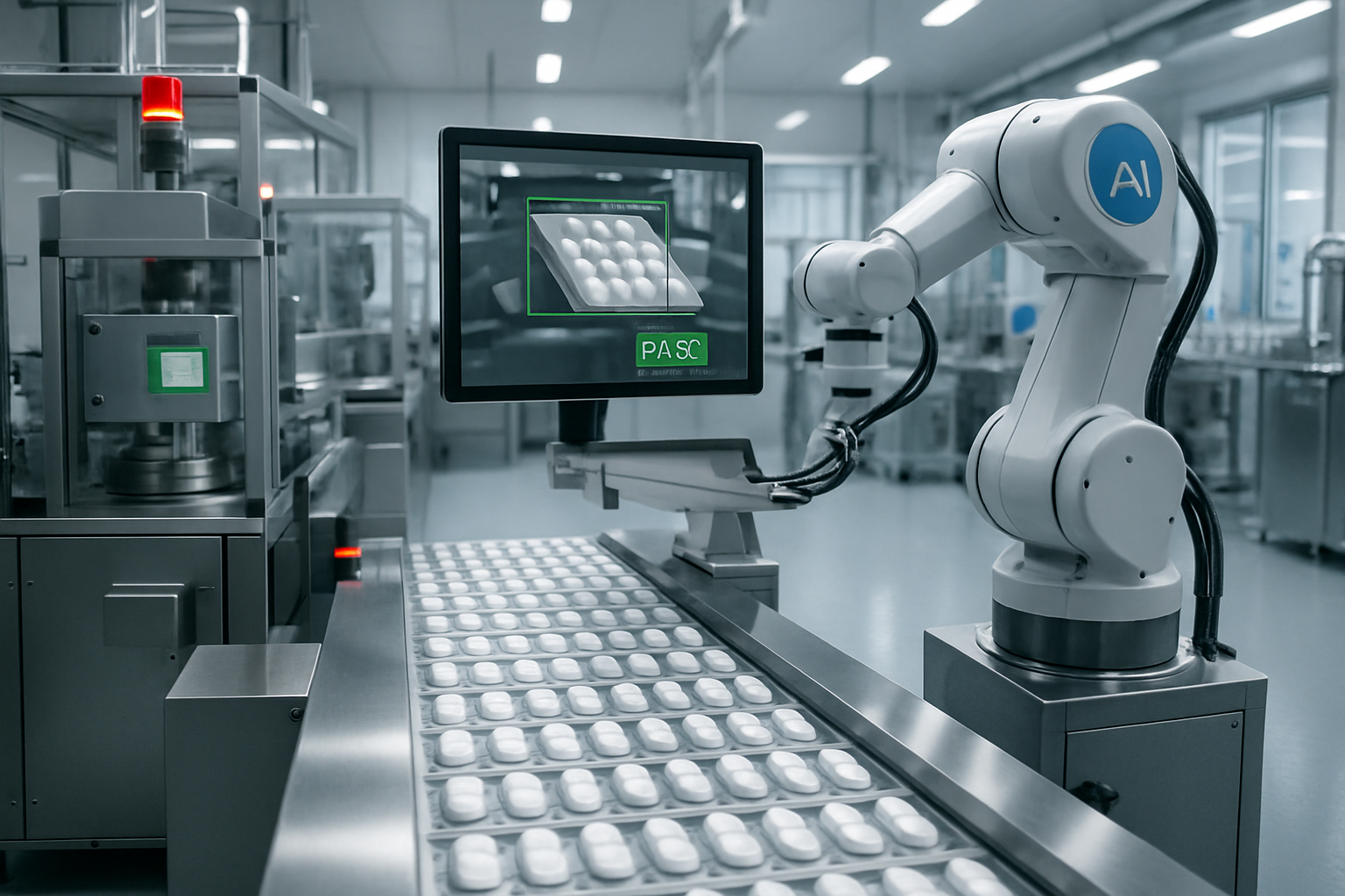 AI-driven machinery optimizing production processes in a pharmaceutical manufacturing facility.