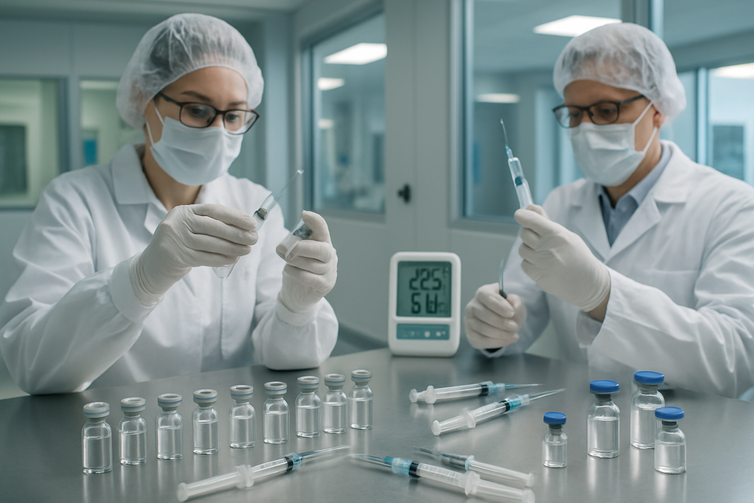 Laboratory setting for stability testing of injectable pharmaceuticals with vials and monitoring equipment.