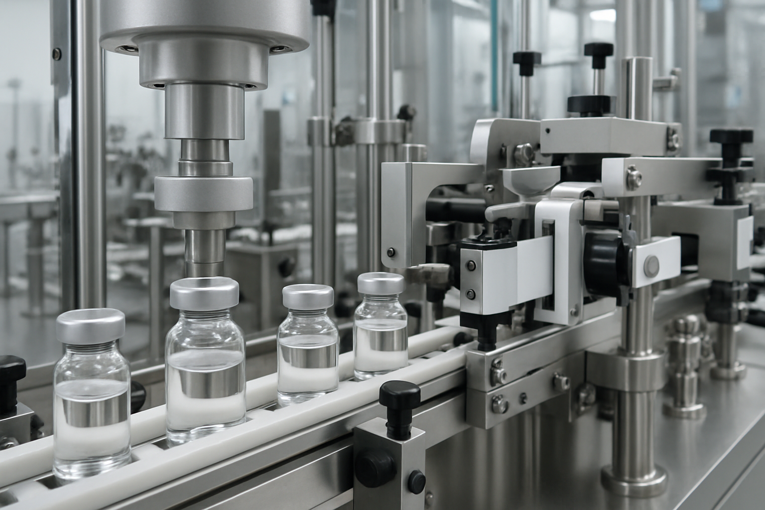 Automated packaging line for injectable pharmaceuticals, highlighting sealing and labeling processes.