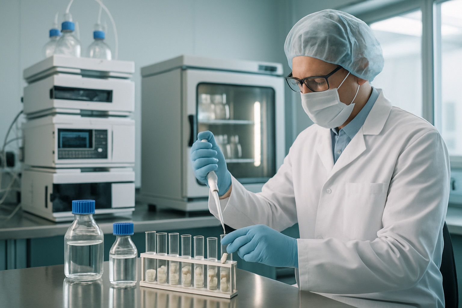 Laboratory technician performing stability testing on pharmaceutical formulations in a cleanroom.