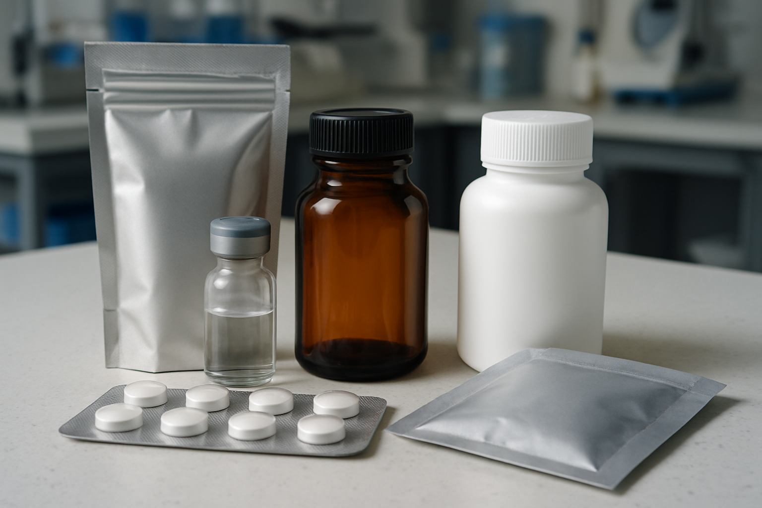 Different pharmaceutical packaging materials designed to enhance stability and protect formulations.