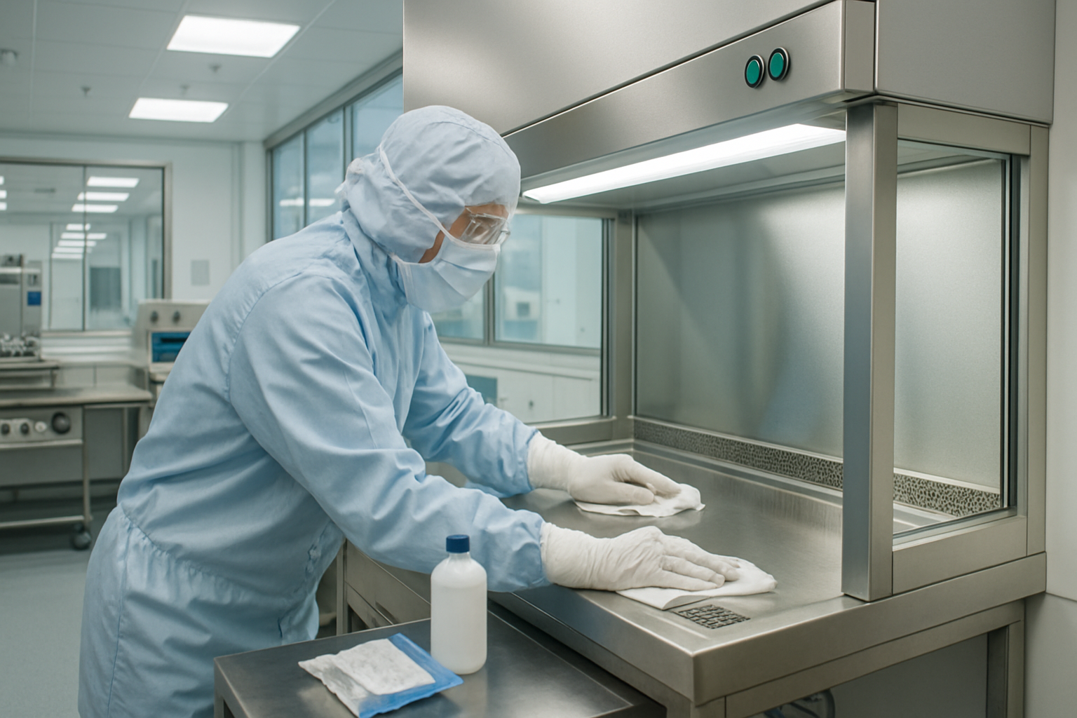 Technician cleaning a laminar airflow hood in a sterile pharmaceutical cleanroom.