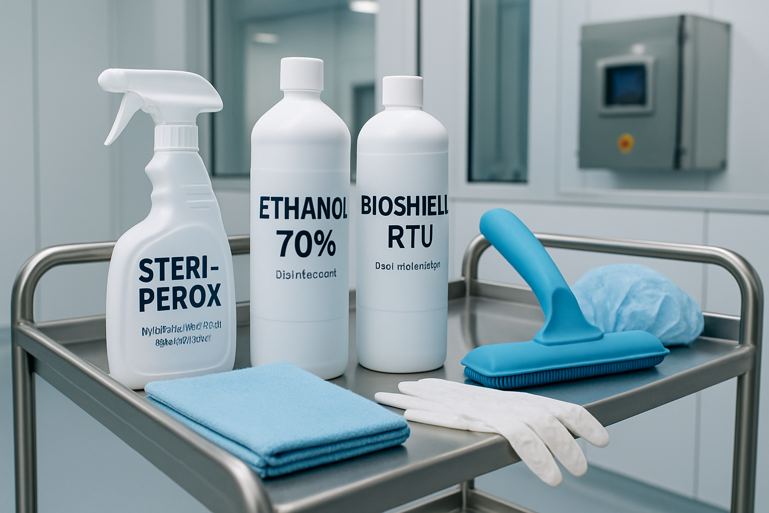 Cleaning supplies and disinfectants in a pharmaceutical cleanroom.