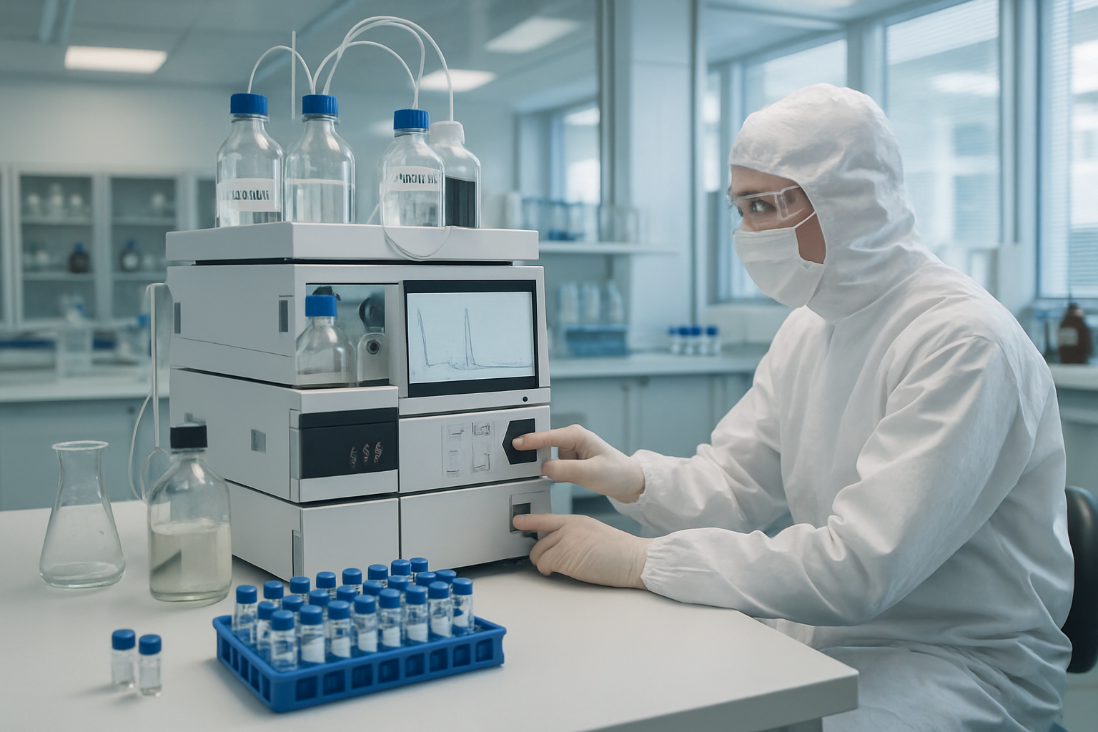 Laboratory technician performing HPLC analysis on active pharmaceutical ingredients.
