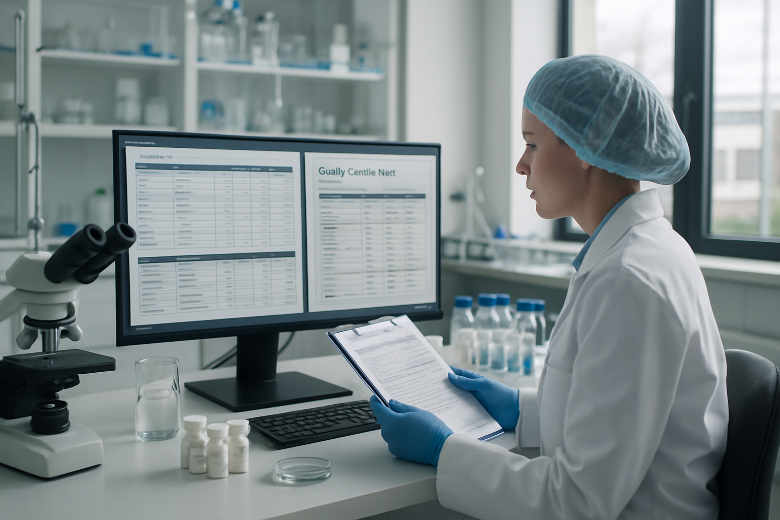 Technician reviewing documentation in a pharmaceutical quality control lab.