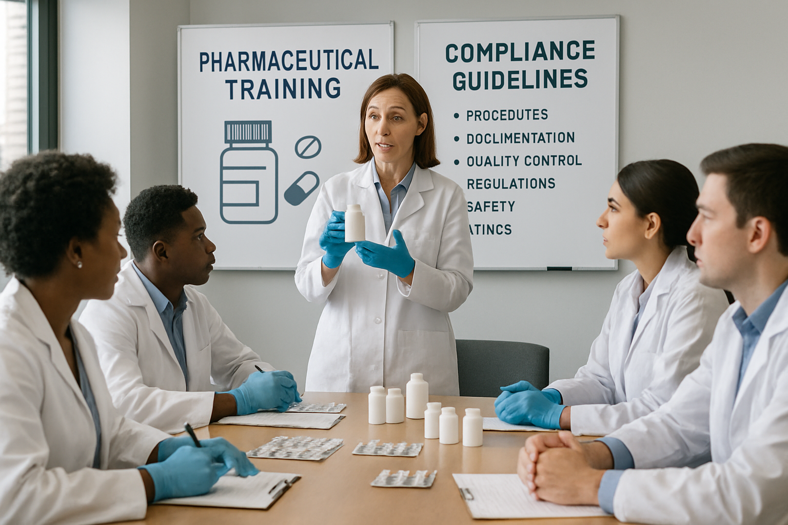 Employees participating in a training session on pharmaceutical compliance.