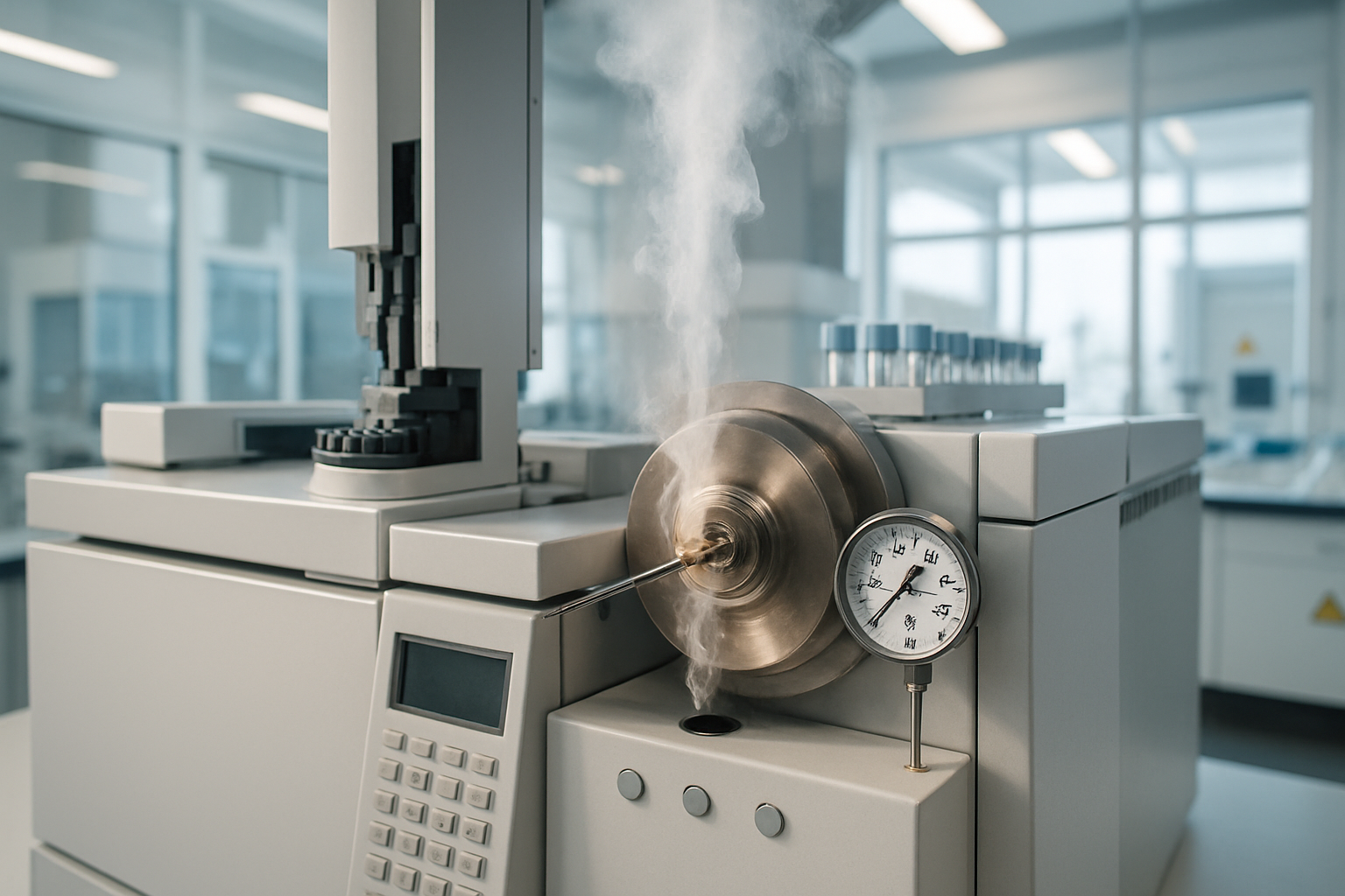 Gas chromatography injector port in action, showing sample vaporization.