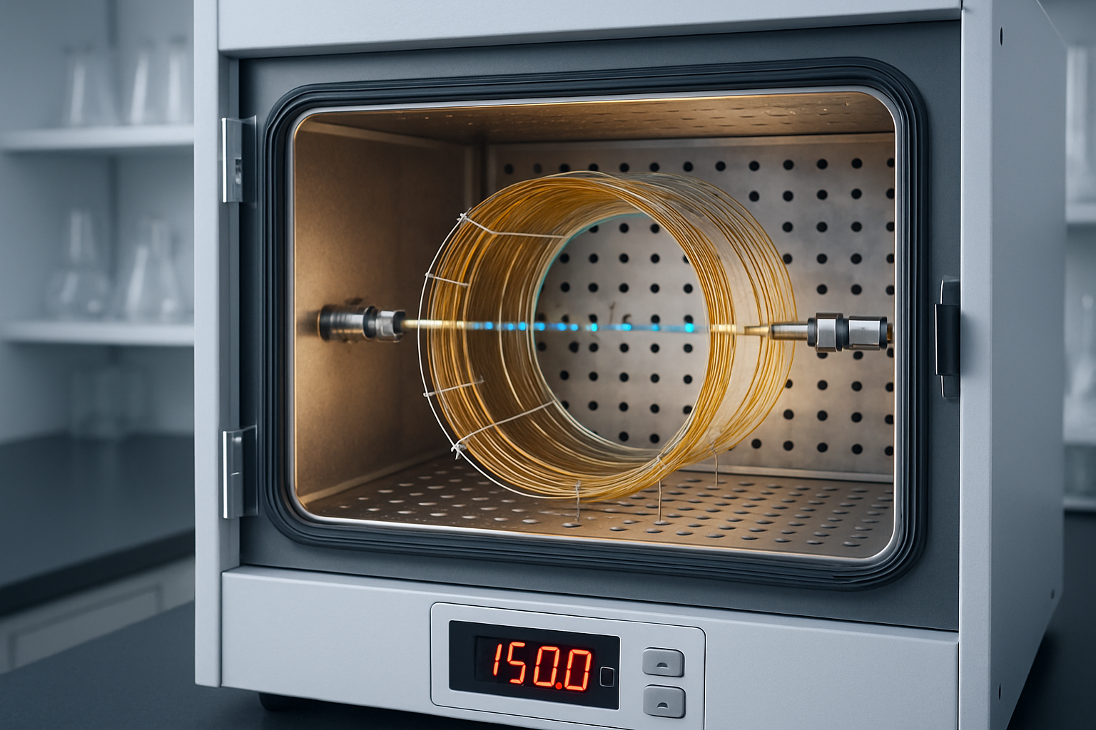 Gas chromatography column in an oven, demonstrating the separation of compounds.