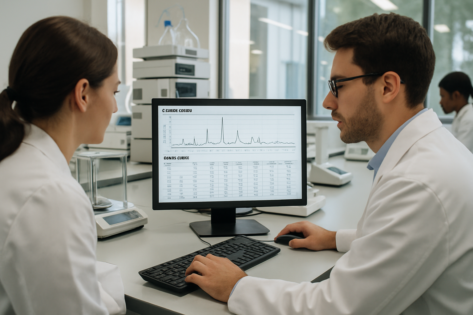 Quality control analysts reviewing chromatograms in a modern laboratory.