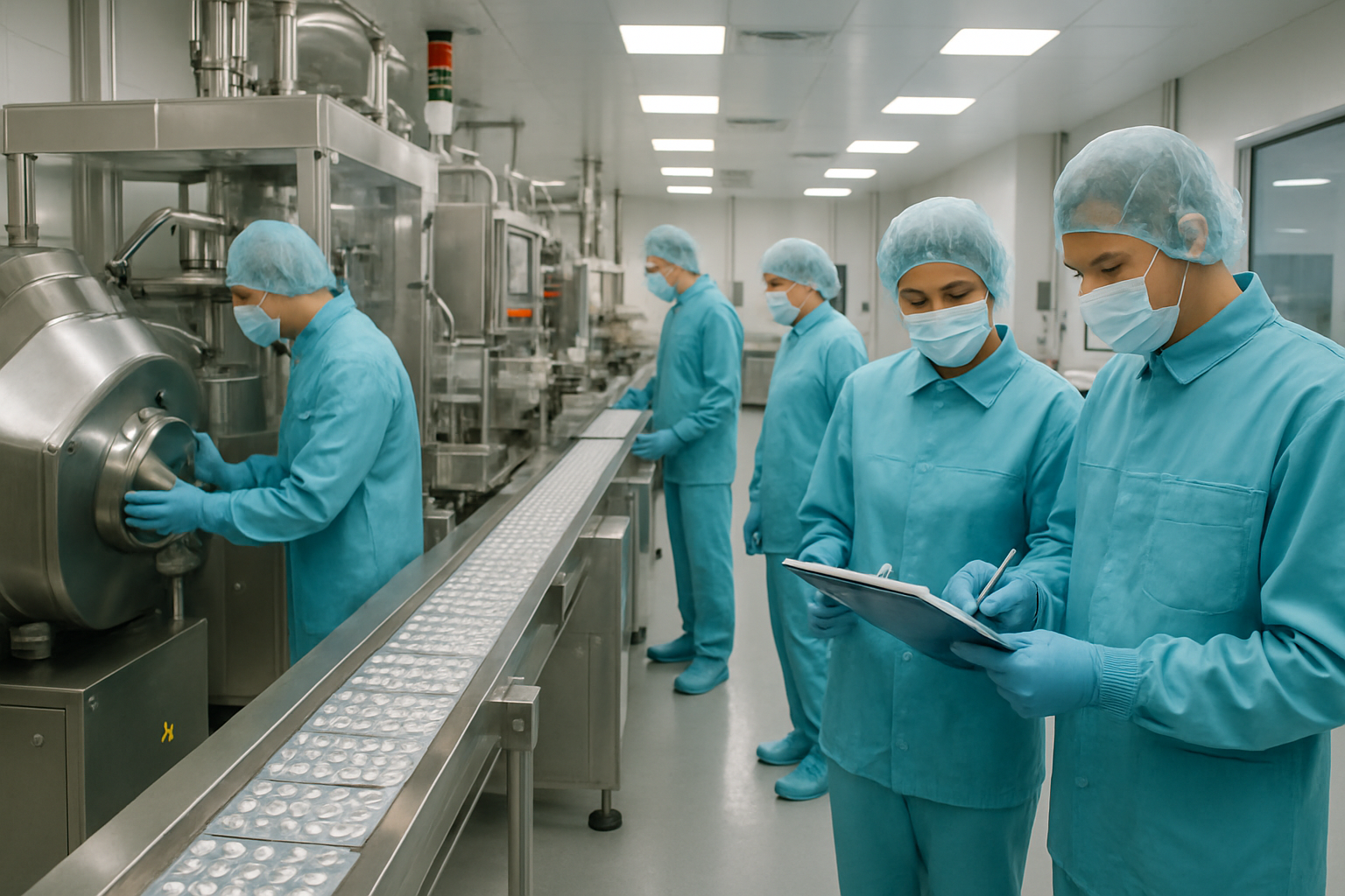 Pharmaceutical manufacturing facility with workers inspecting batch records.