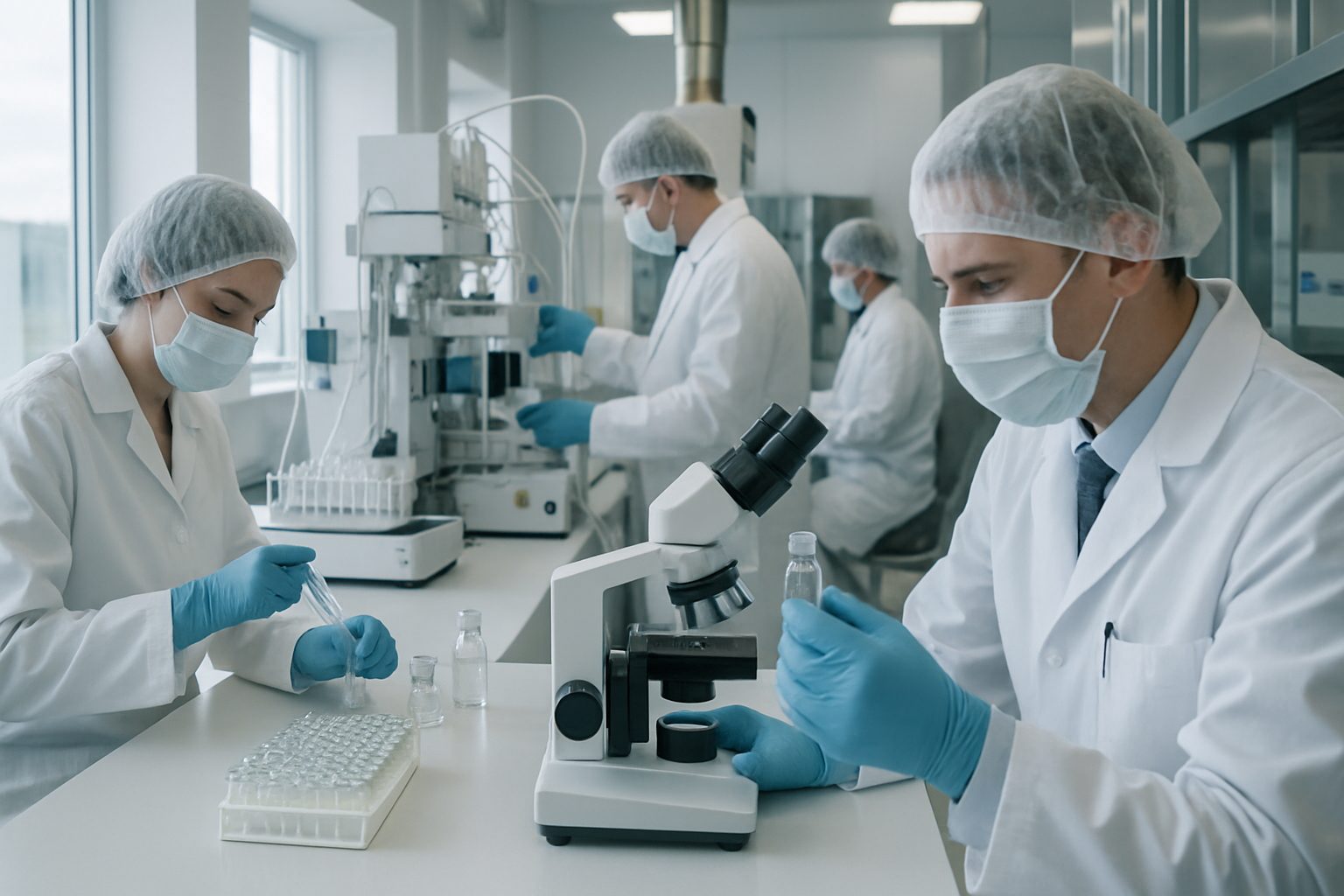 Scientists in a cleanroom analyzing drug samples for NDA submission.